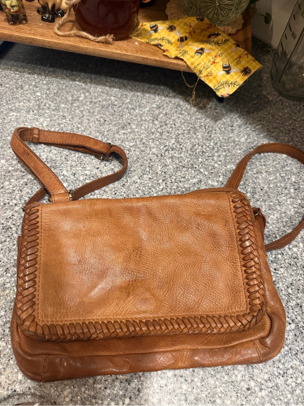 Women’s Woven-Trim Leather Crossbody Bag - Tan
